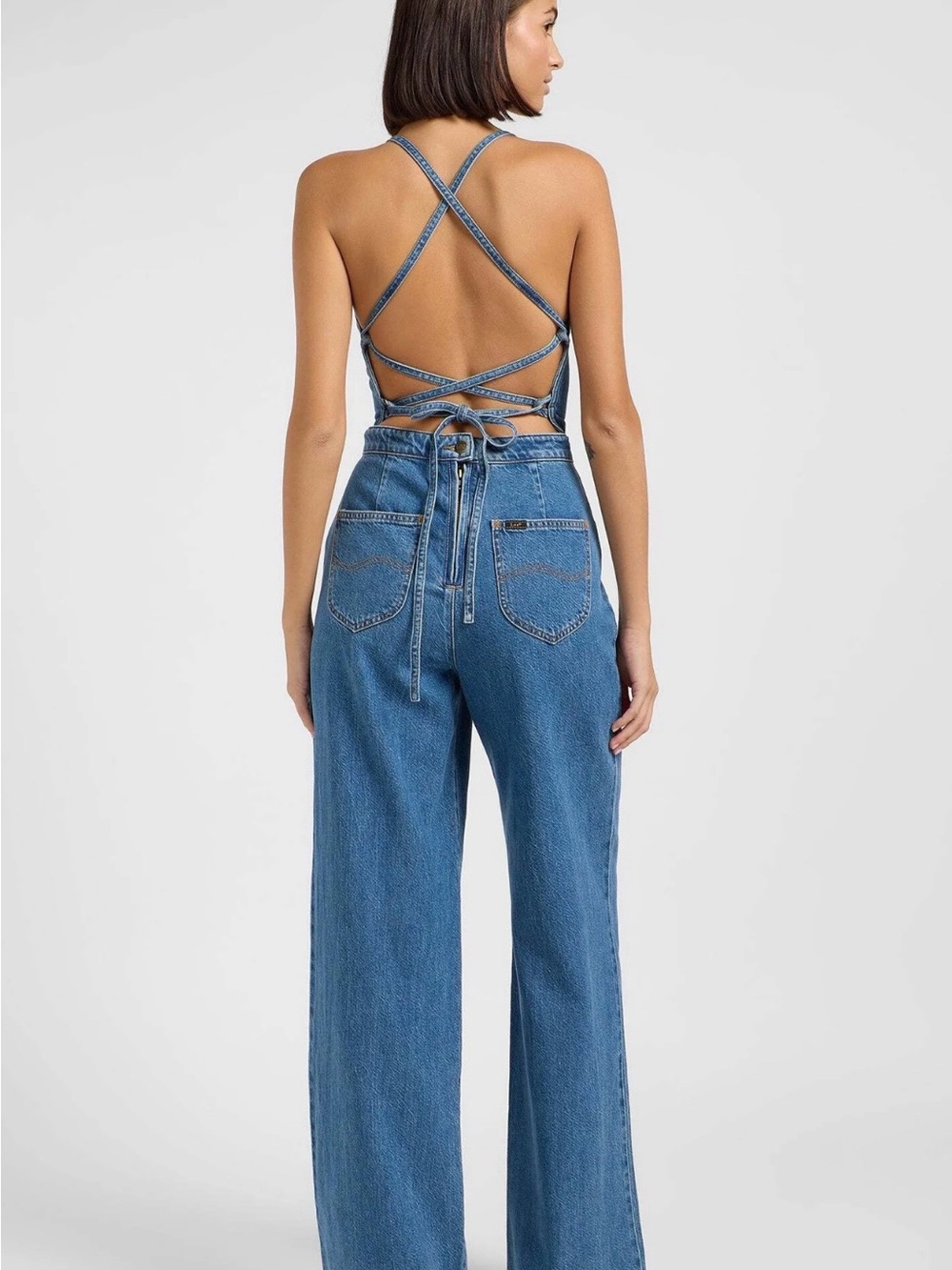Wide Leg Denim Halter Jumpsuit Lee